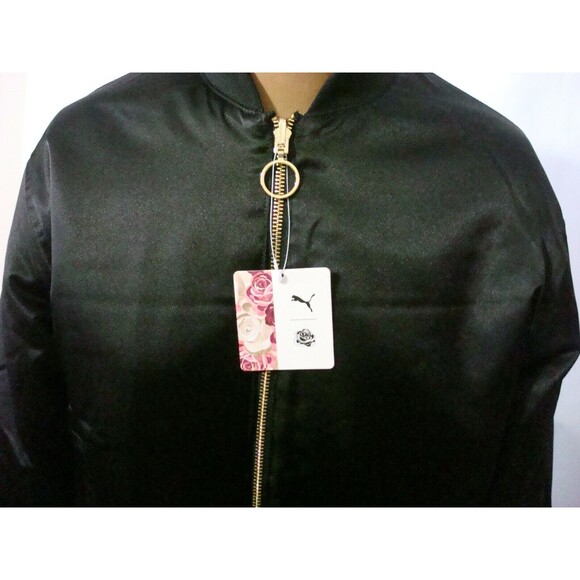 New Womens NWT $200 Satin Puma Reversible Rose Bomber Jacket S Black Beige Small - Picture 8 of 12